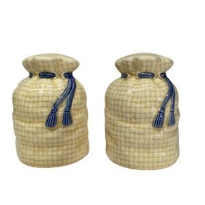 Vintage H & HD Grain Sack Farmhouse Theme Ceramic Salt & Pepper Shaker Set